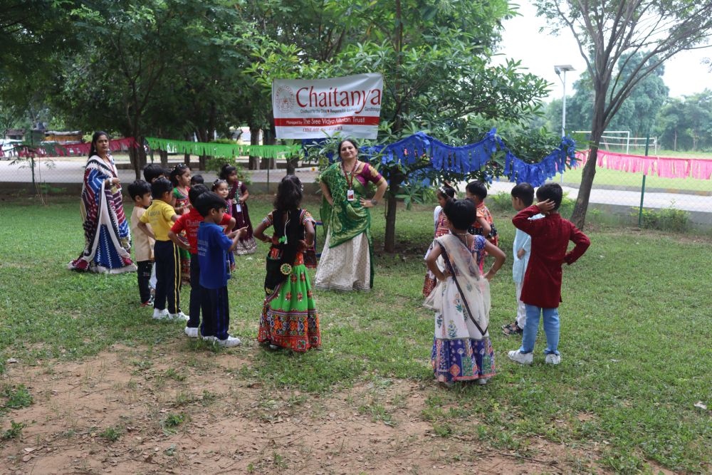 Students participating in outdoor cultural activities at Chaitanya School, the Best CBSE School in Gandhinagar.