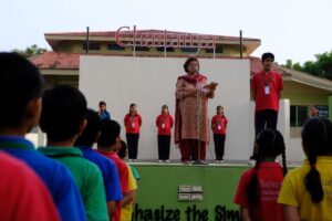 Morning briefing by teacher at CBSE School in Gandhinagar assembly